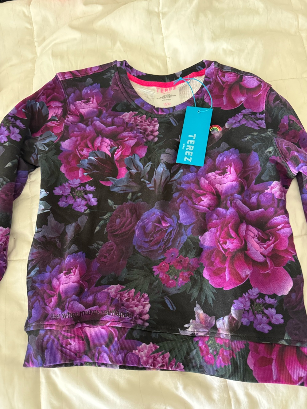 Terez Girls Black Sweatshirt with Purple and Pink Floral Print